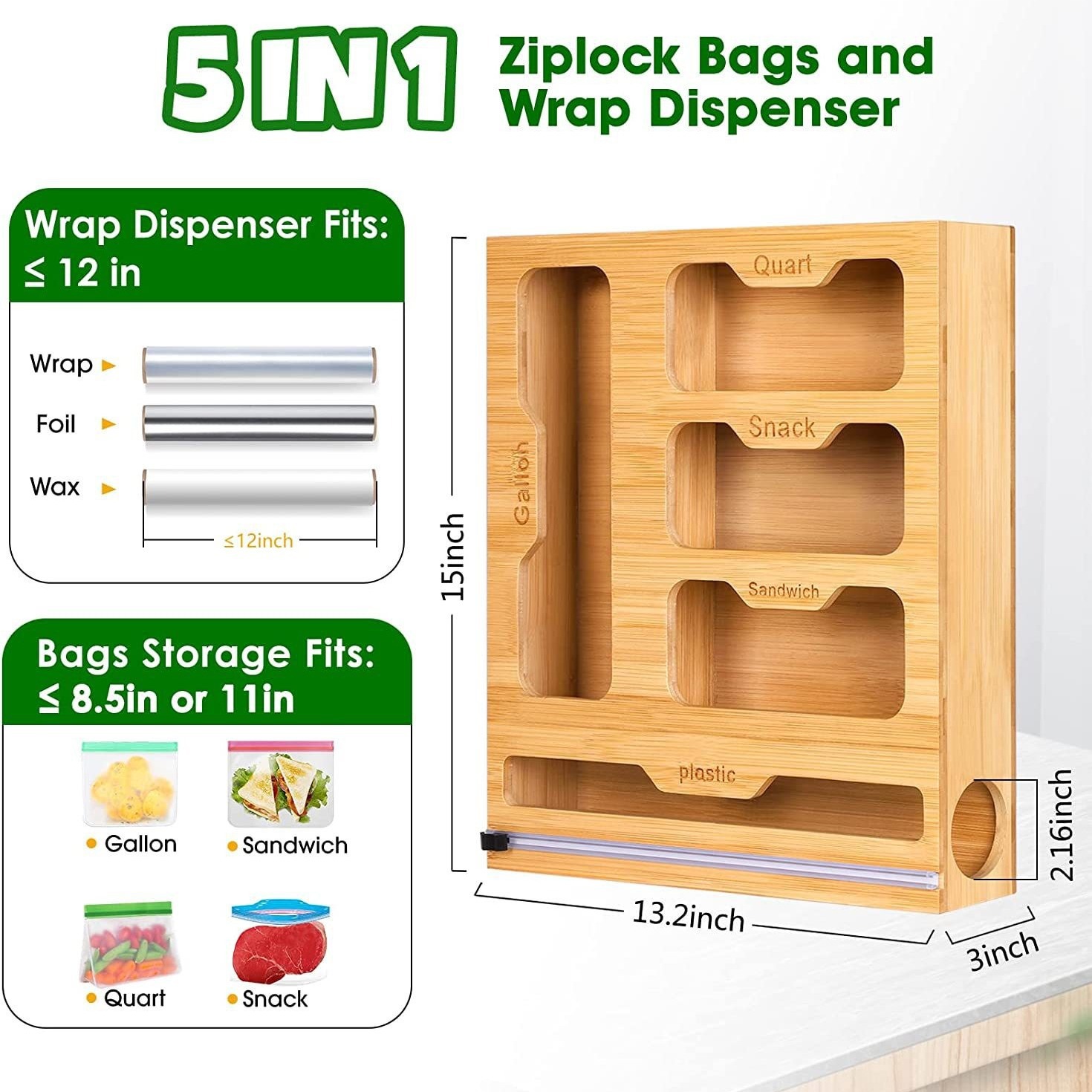 Food Storage Rack For Kitchen - Bamboo Ziplock Food Bag Holder Compatible