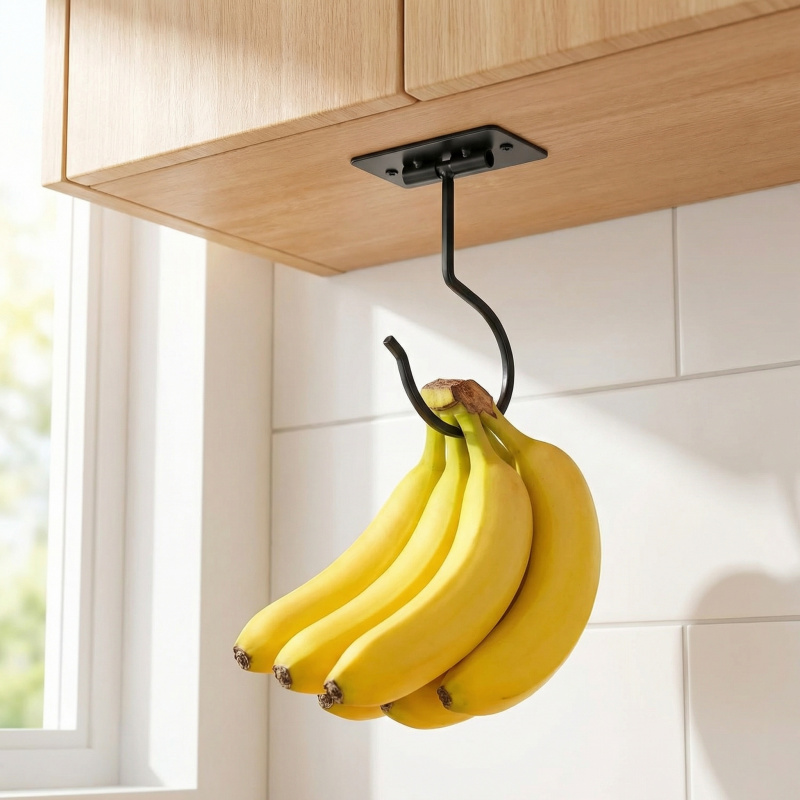 Food Storage Rack For Kitchen - Black Metal Self-Adhesive Banana Hook Foldable